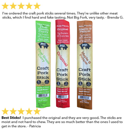 Start2Finish Craft Pork Snack Stick Collection with 60 savory pork snack sticks arranged in a neat pile for snacking.