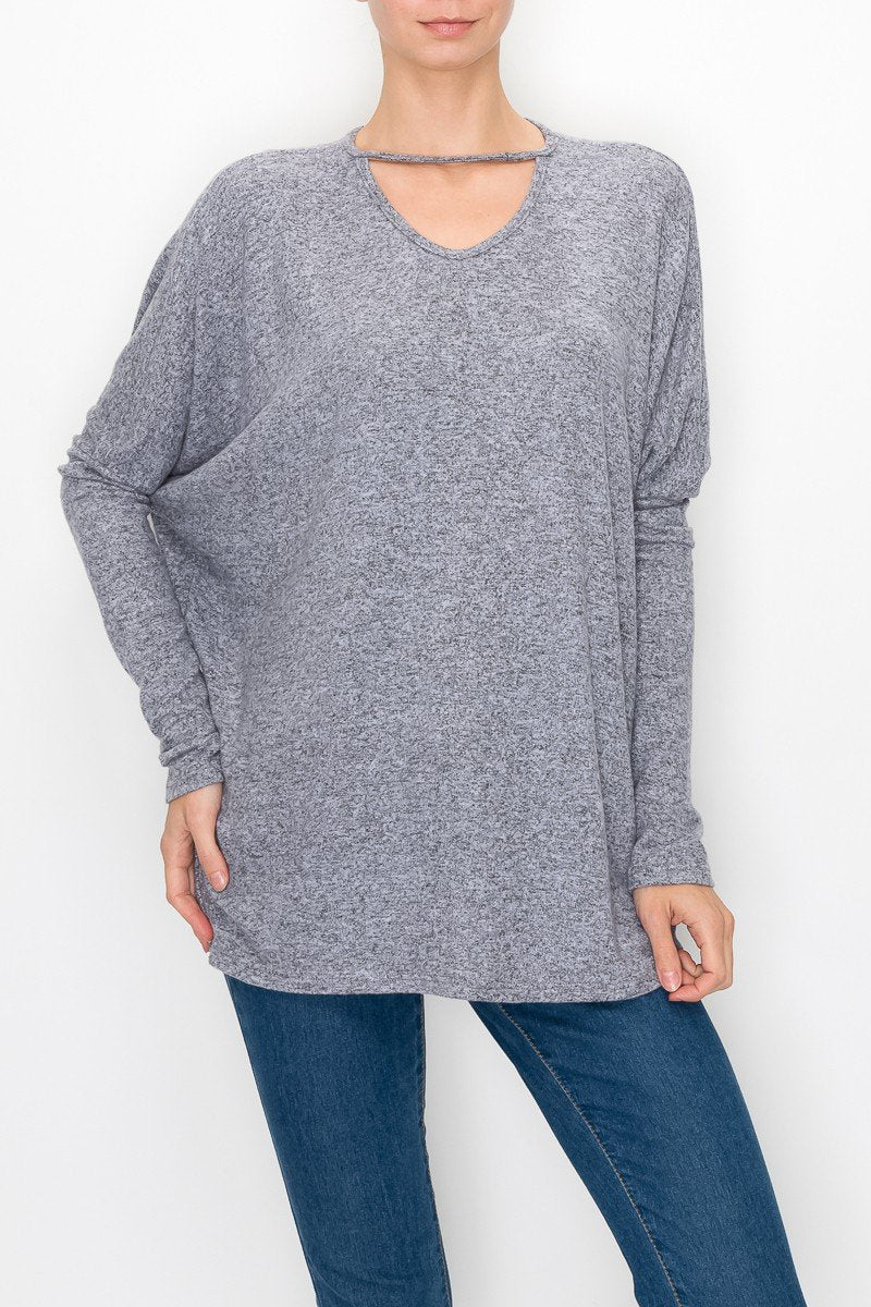Grey Yellow Hera cutout front long sleeve top featuring a stylish neckline and fitted long sleeves, casual and trendy clothing piece.