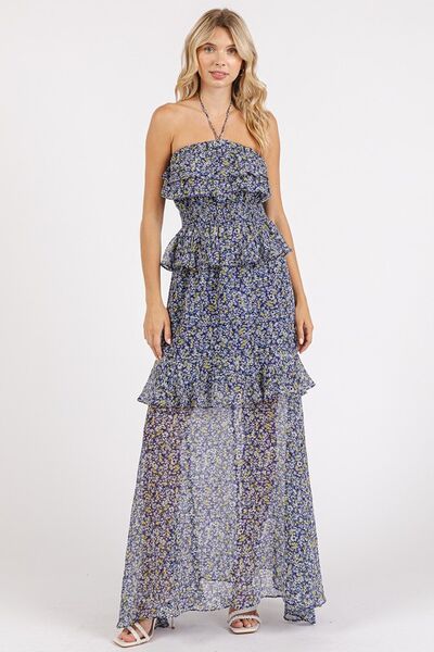 Jade Icarus Mittoshop floral ruffled smocked halter neck maxi dress for women, showcasing a flowy, floral design with ruffles.