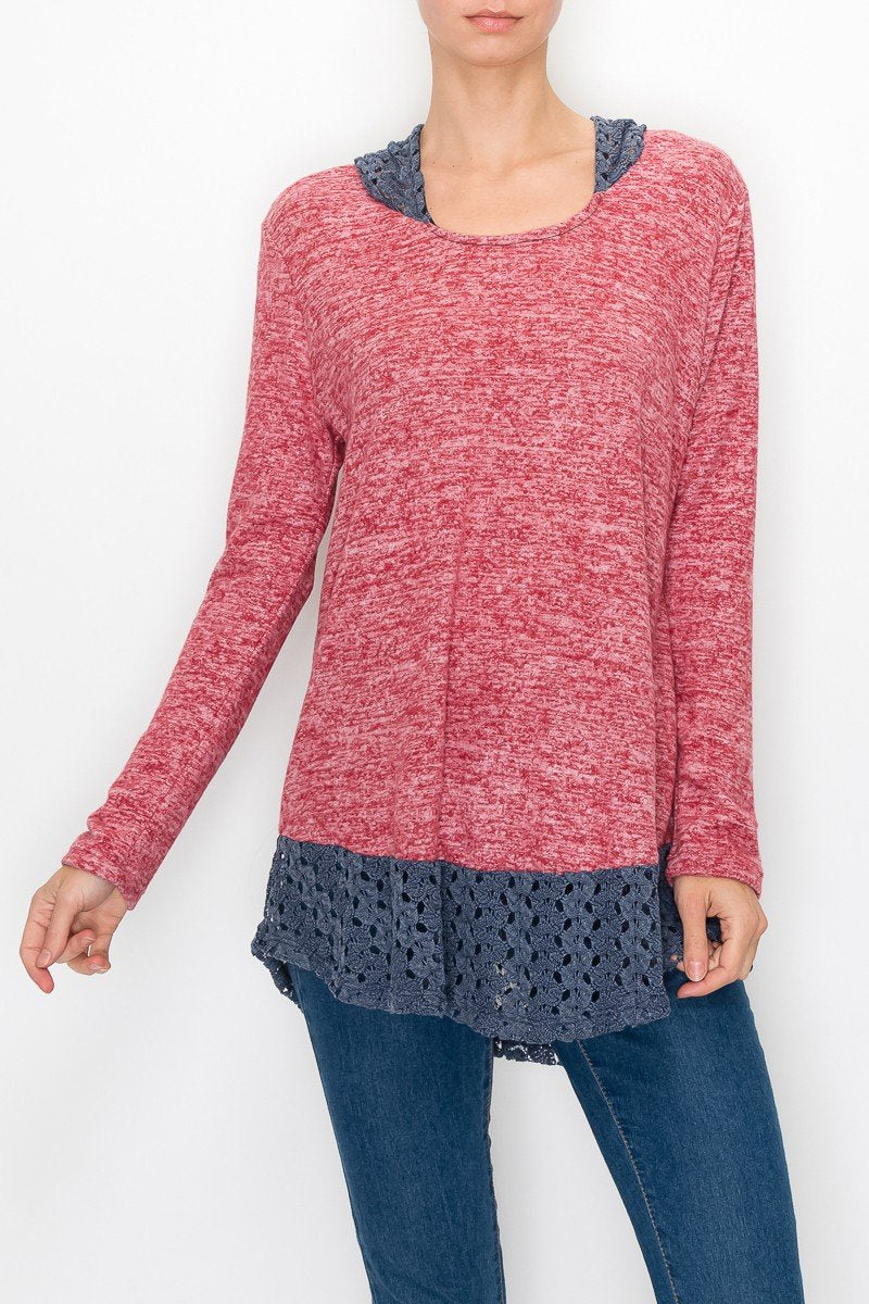 Color block hooded long sleeve top from Yellow Hera, featuring a casual design with contrasting color panels and a front pocket.