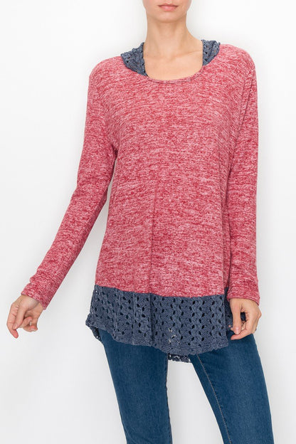 Color block hooded long sleeve top from Yellow Hera, featuring a casual design with contrasting color panels and a front pocket.