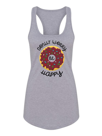 Start2Finish Donut Worry Be Happy T-shirt featuring colorful donut and smiley face design on casual apparel.