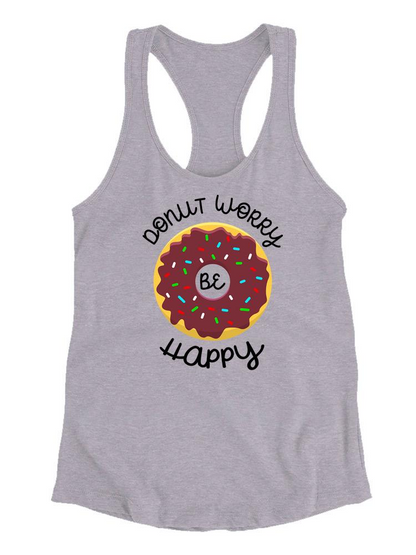 Start2Finish Donut Worry Be Happy T-shirt featuring colorful donut graphic on casual apparel for comfort and fun.