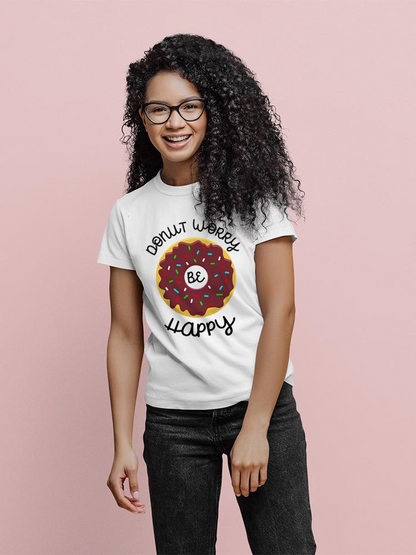 Start2Finish Donut Worry Be Happy T-shirt, casual apparel with colorful donut and smile design on front.