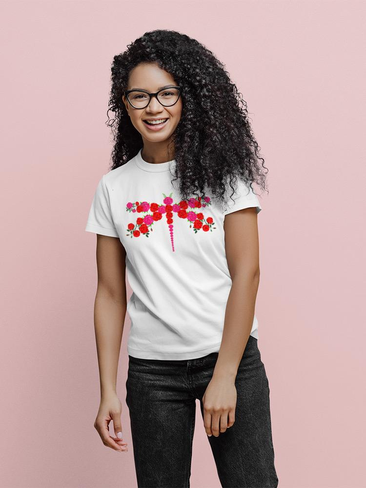 Start2Finish Dragonfly Made of Flowers T-shirt featuring a colorful floral dragonfly design on soft apparel fabric.