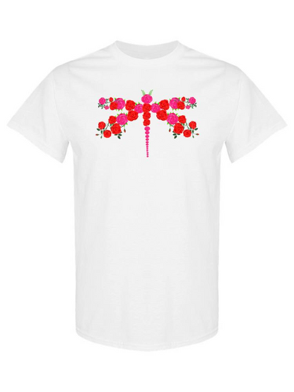 Start2Finish Dragonfly Made of Flowers T-shirt with colorful floral dragonfly design on soft apparel fabric.