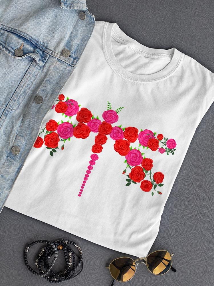 Start2Finish Dragonfly Made Of Flowers T-shirt featuring a colorful floral dragonfly design on soft apparel fabric.