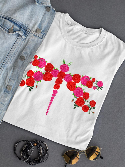 Start2Finish Dragonfly Made Of Flowers T-shirt featuring a colorful floral dragonfly design on soft apparel fabric.