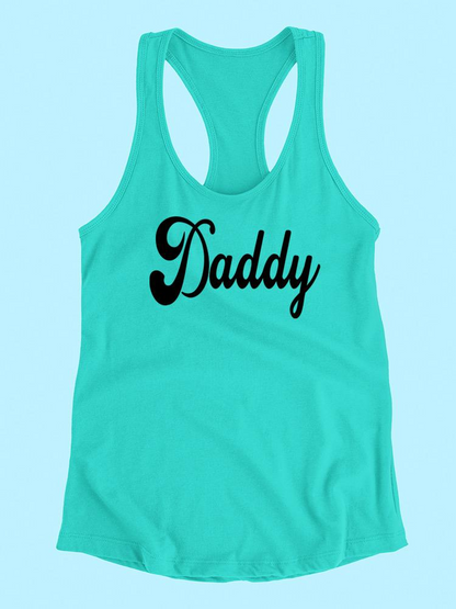 Start2Finish Daddy Text Racerback Tank from SPIdeals Designs, featuring a stylish black racerback sleeveless shirt with bold white text.
