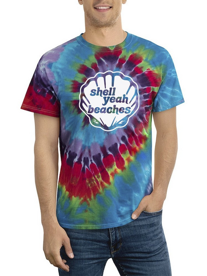 Start2Finish Shell Yeah Beaches T-shirt with colorful shell and beach scene print, casual apparel for beach lovers.