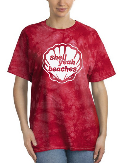 Shell Yeah Beaches T-shirt by Start2Finish, featuring a casual apparel design with beach and shell graphics in vibrant colors.