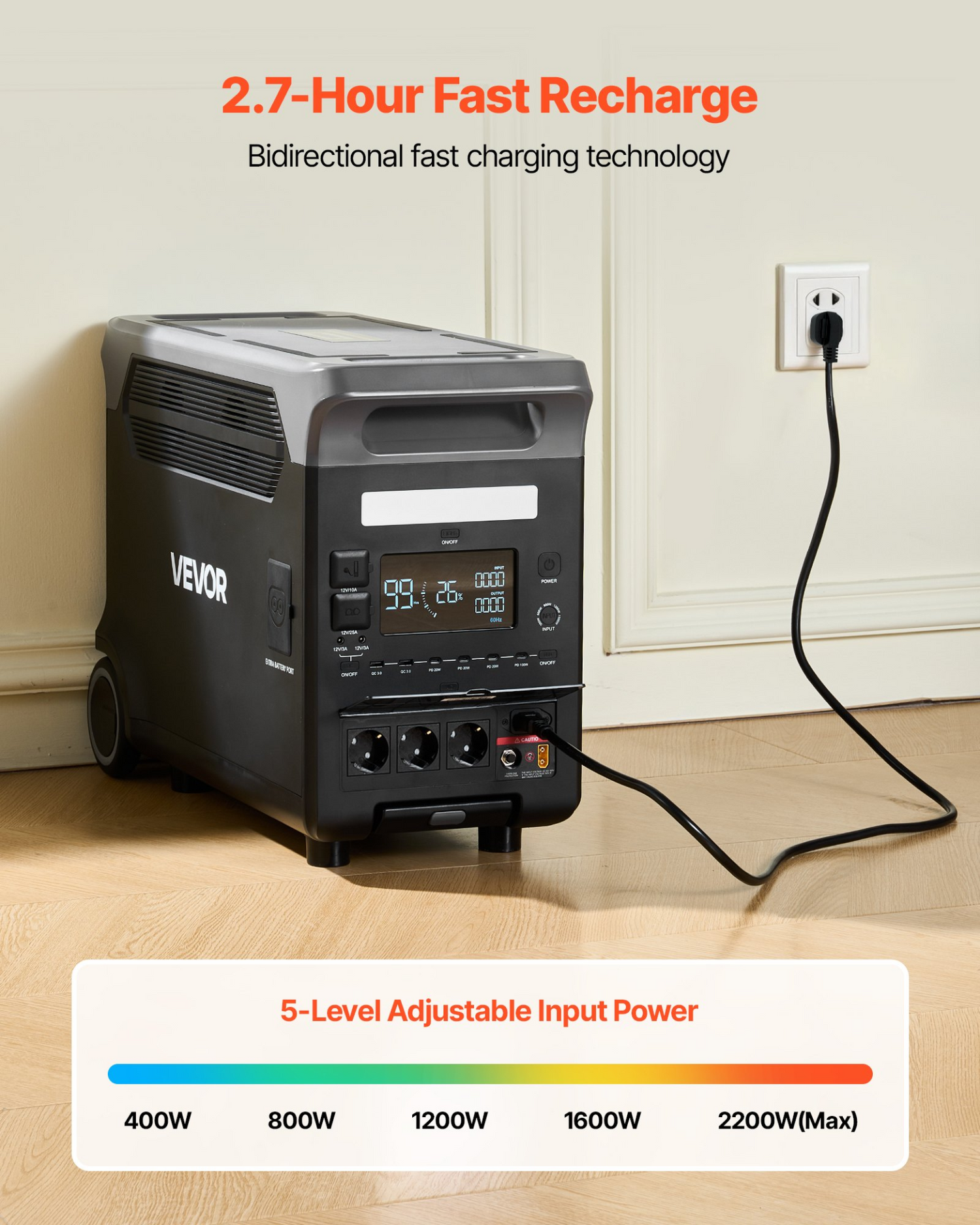 Start2Finish VEVOR portable power station with 10 output ports, LCD display, and expandable LiFePO4 battery for camping or home use.