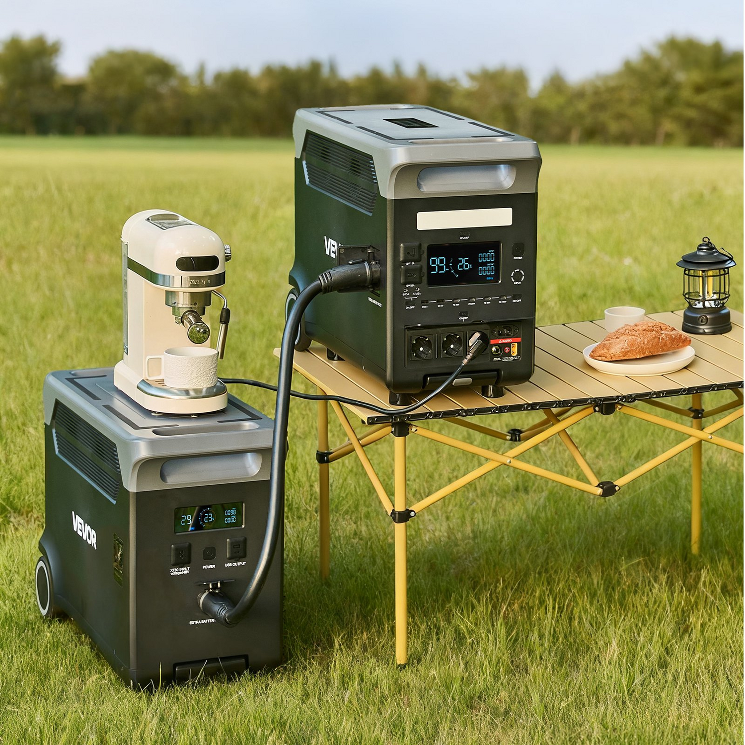 Start2Finish VEVOR portable power station with LCD display, multiple output ports, and expandable LiFePO4 battery for camping and home use.
