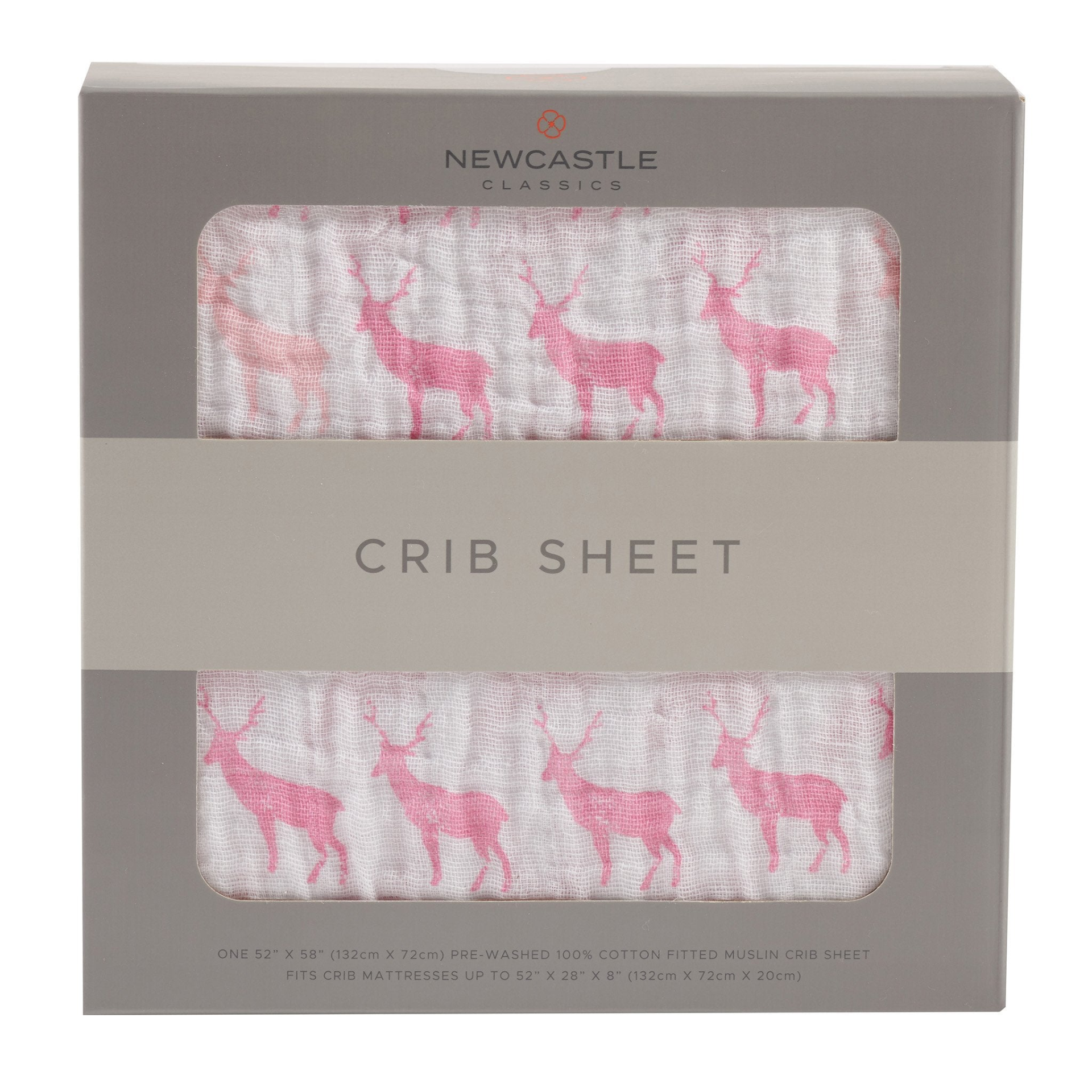 Pink deer cotton muslin crib sheet for babies with a soft pink and white deer pattern, from Start2Finish.