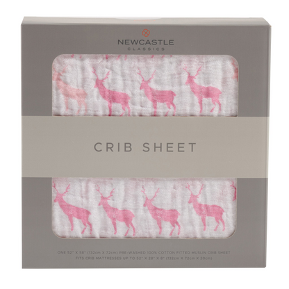 Pink deer cotton muslin crib sheet for babies with a soft pink and white deer pattern, from Start2Finish.
