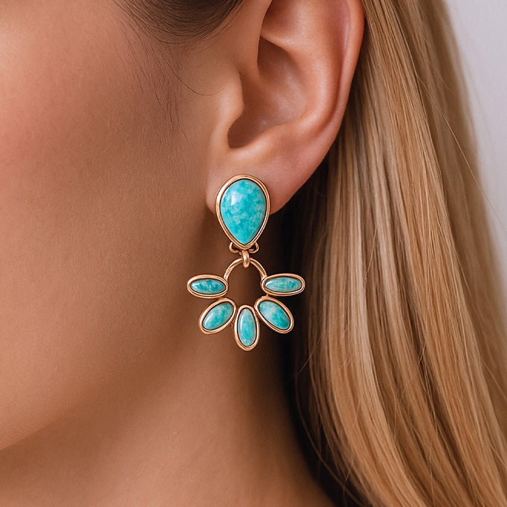Start2Finish Mojave Blue Turquoise and Gold Clip Earrings featuring vibrant turquoise stones and elegant gold-tone design.