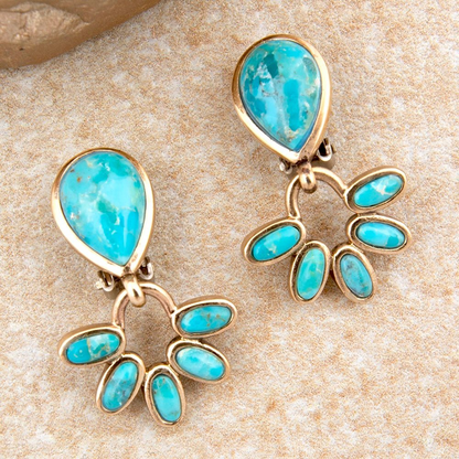 Start2Finish Mojave Blue Turquoise and Gold Clip Earrings featuring vibrant turquoise stones and elegant gold accents.