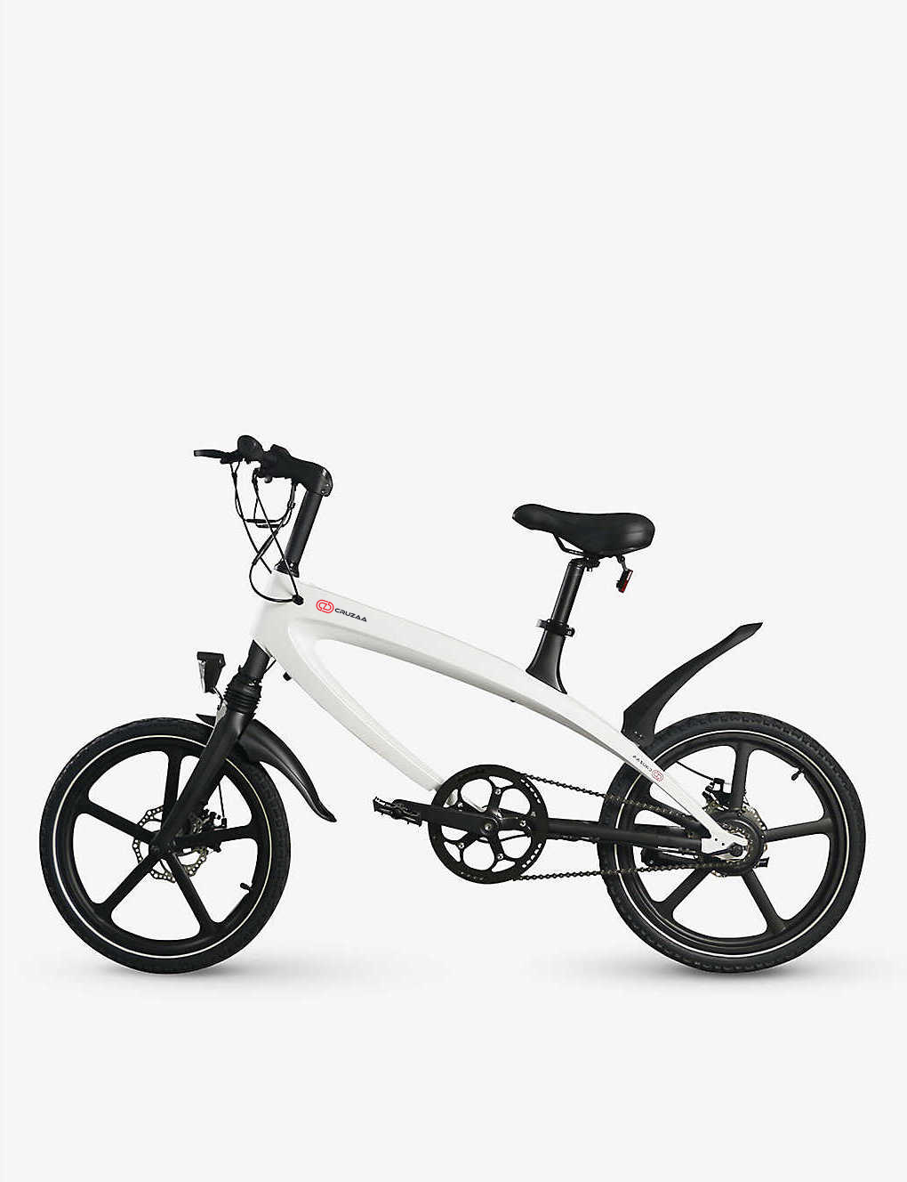 Start2Finish Racing White E-Bike with built-in speakers and Bluetooth, showcasing sleek design and electronic controls.