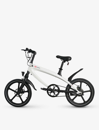 Start2Finish Racing White E-Bike with built-in speakers and Bluetooth, showcasing sleek design and electronic controls.