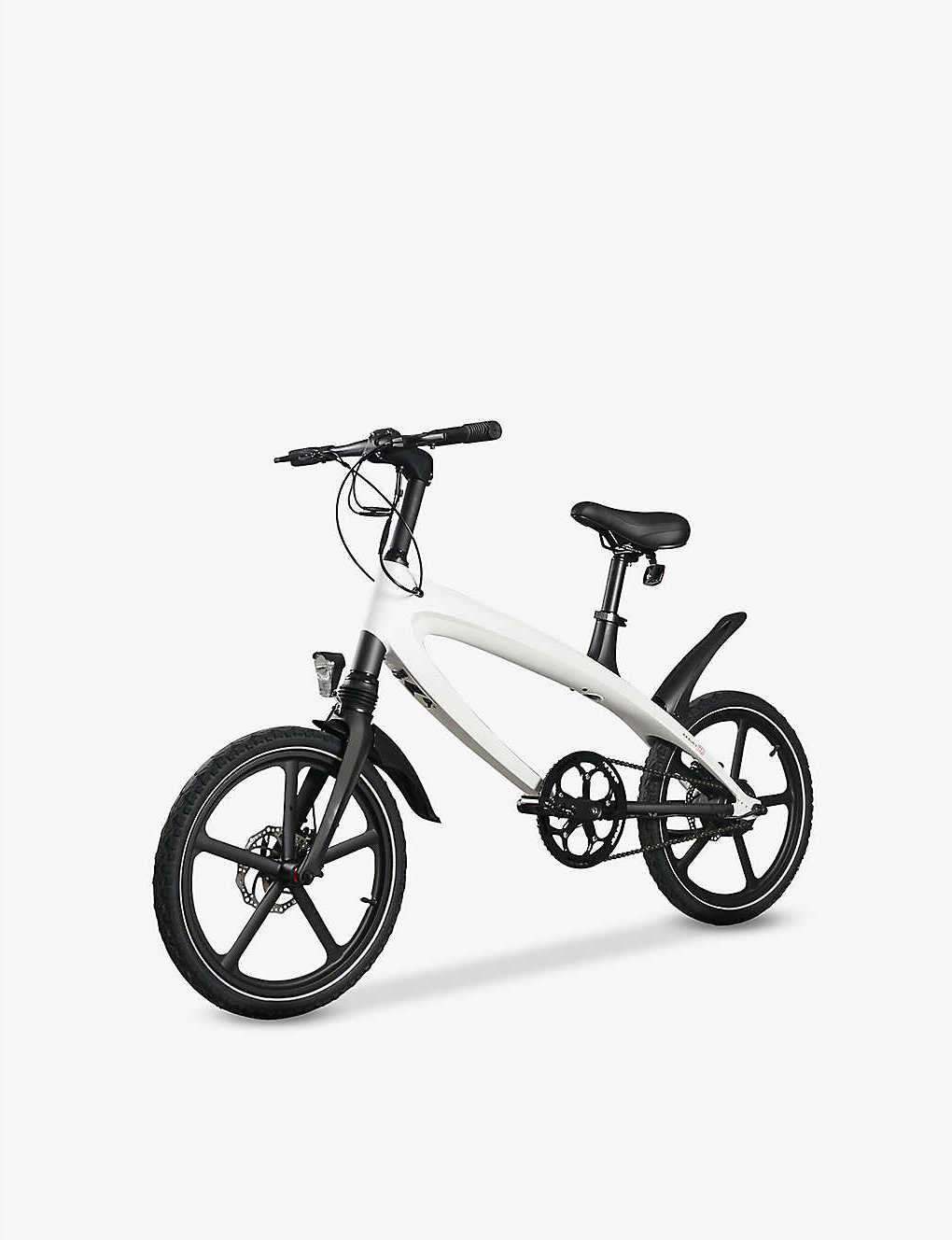 Start2Finish Racing White E-Bike with built-in speakers and Bluetooth, showing sleek design and handlebars in this automotive image.