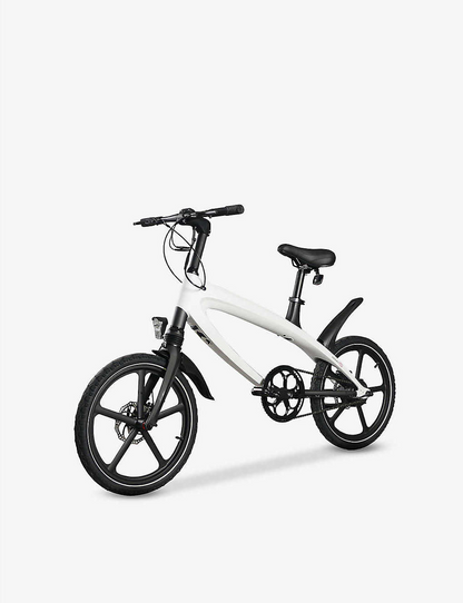 Start2Finish Racing White E-Bike with built-in speakers and Bluetooth, showing sleek design and handlebars in this automotive image.