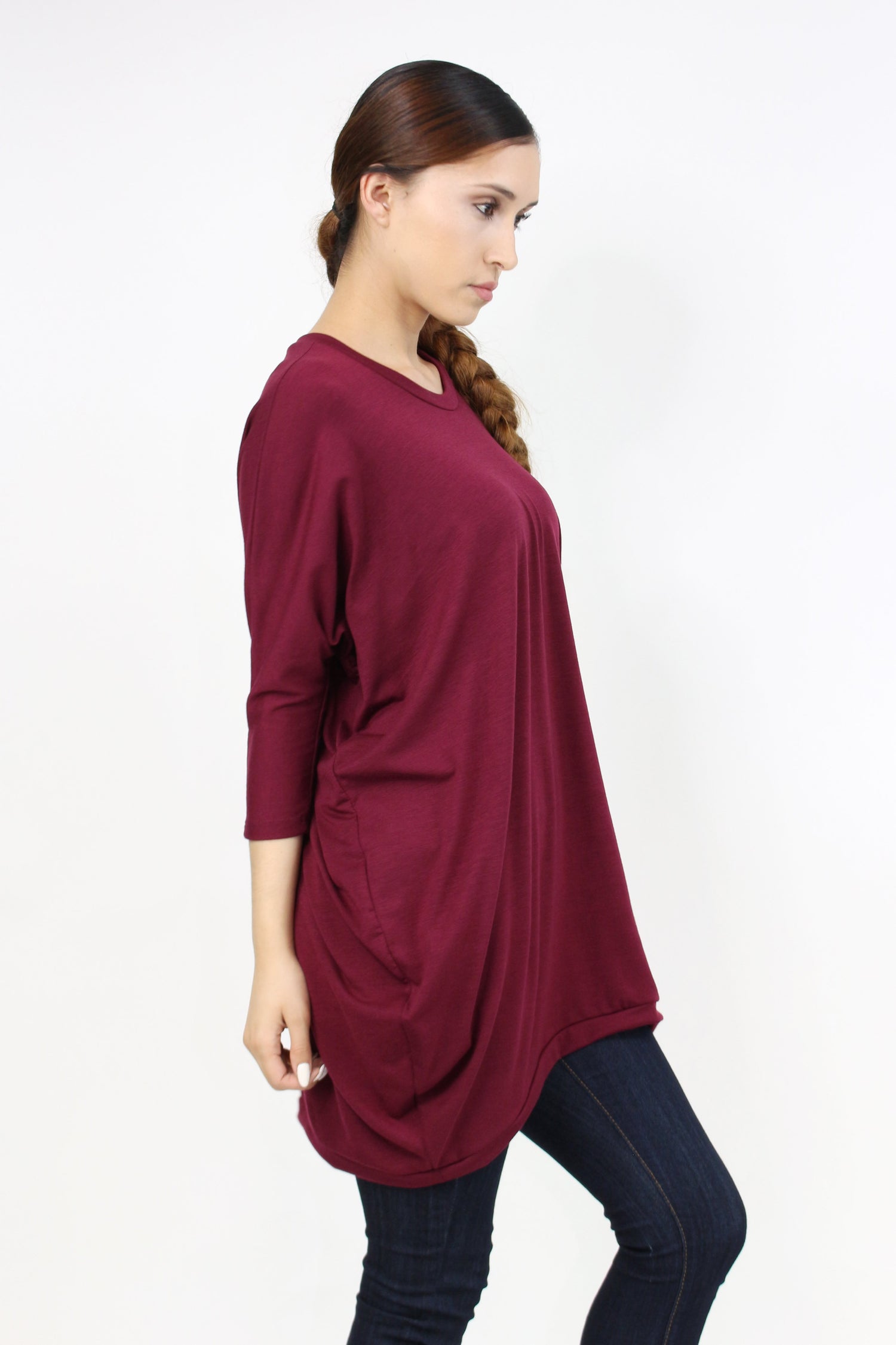 Yellow Hera oversized burgundy shirt dress hanging on a rack, showcasing relaxed fit and stylish casual clothing.