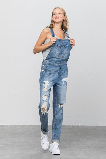 Women’s Heavy Body Premium Destroy Overalls by Jade Icarus, featuring distressed denim design and adjustable straps.