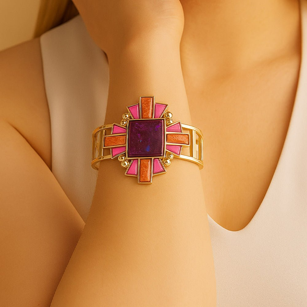 Start2Finish Santa Fe Purple Turquoise and Gold Cuff Bracelet with intricate jewelry design and vibrant gemstone details.