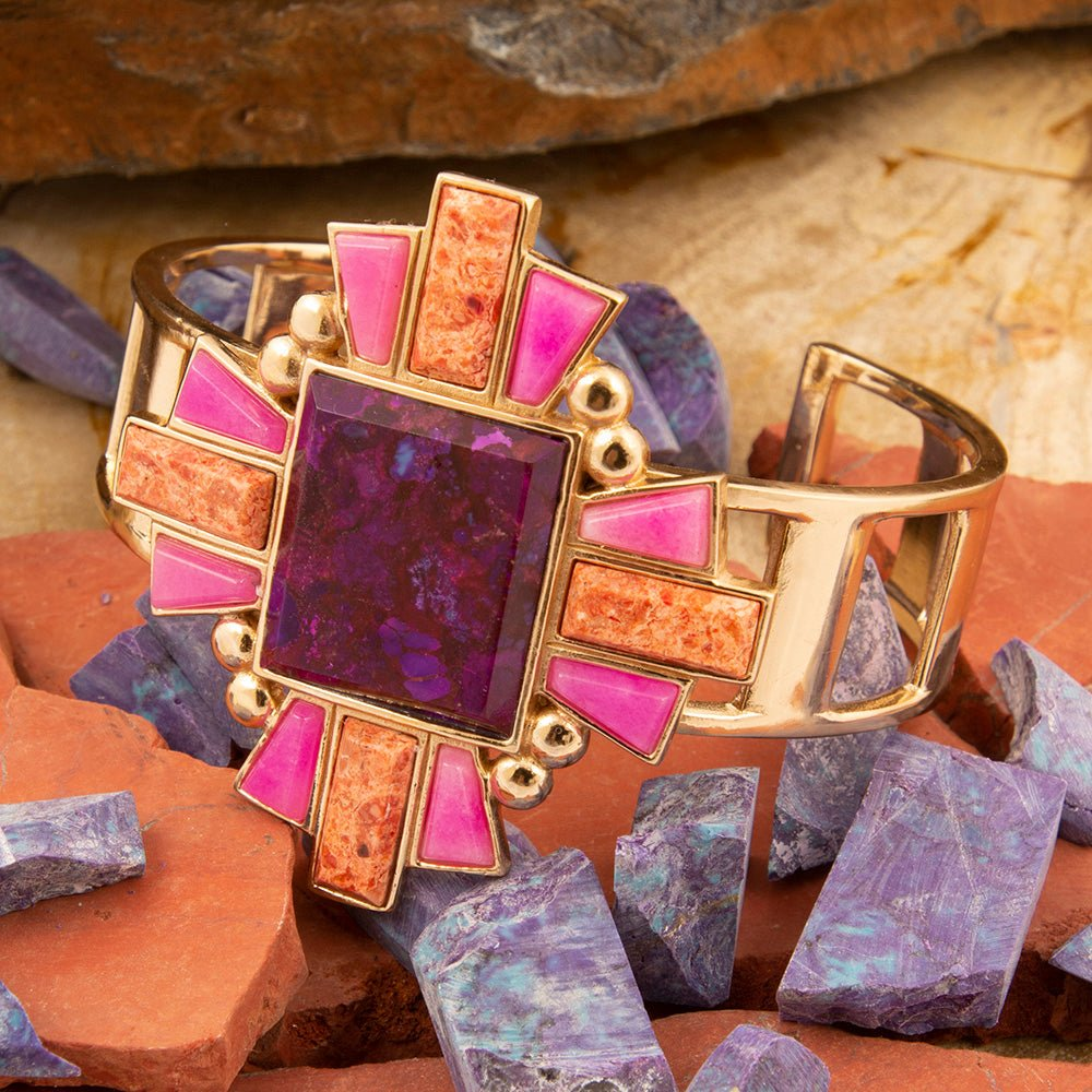 Start2Finish Santa Fe purple turquoise and gold cuff bracelet featuring vibrant jewelry design with intricate detailing.