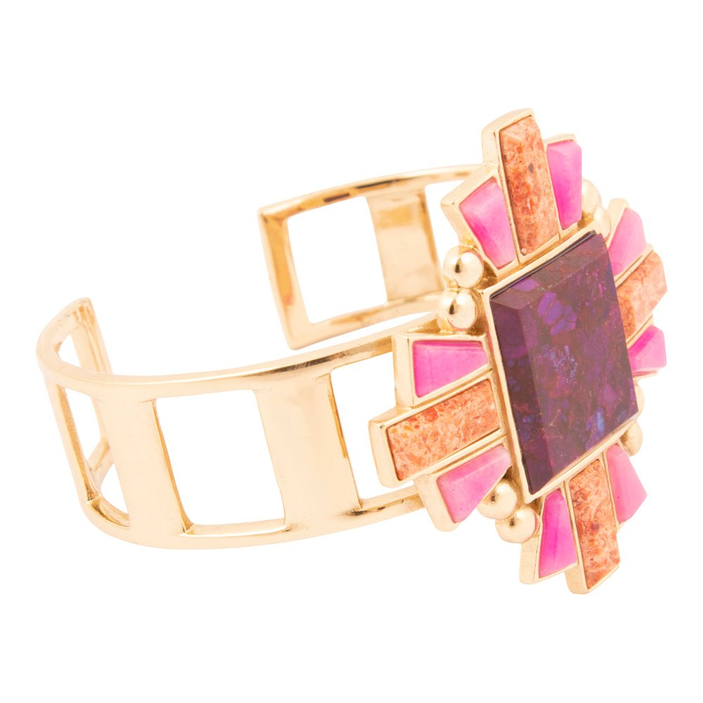 Start2Finish Santa Fe purple turquoise and gold cuff bracelet featuring bold jewelry design with vibrant purple and turquoise stones.