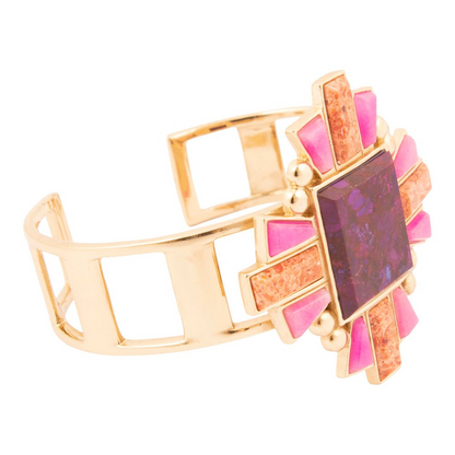 Start2Finish Santa Fe purple turquoise and gold cuff bracelet featuring bold jewelry design with vibrant purple and turquoise stones.