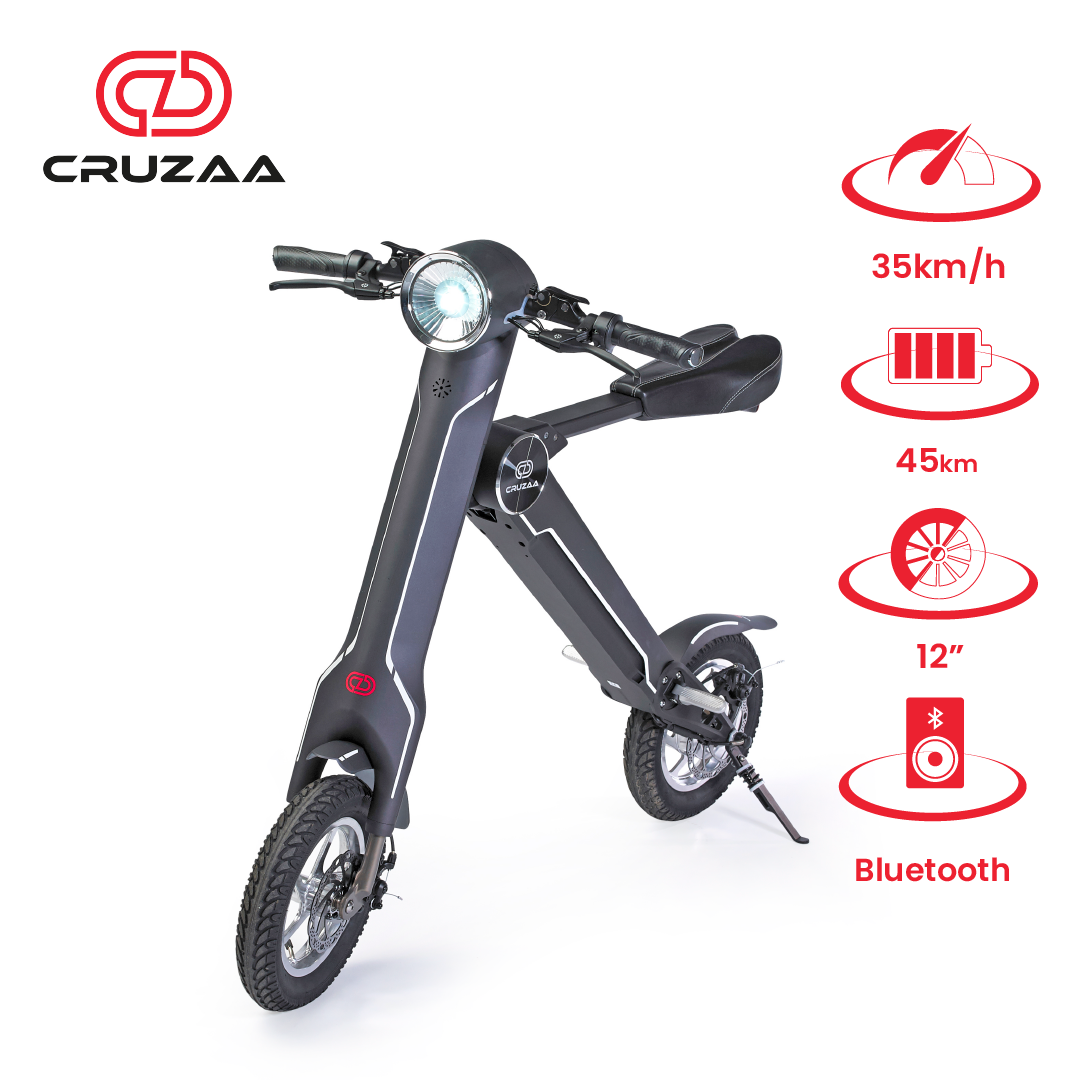 Start2Finish Cruzaa PRO electric scooter in carbon black with Bluetooth, speakers, USB port, 45km range, and 35km/h top speed.
