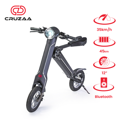Start2Finish Cruzaa PRO electric scooter in carbon black with Bluetooth, speakers, USB port, 45km range, and 35km/h top speed.