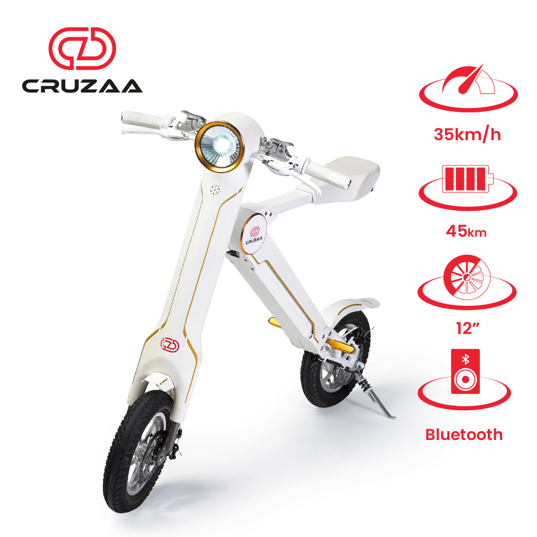 Start2Finish Cruzaa PRO electric scooter in racing white with Bluetooth speakers, USB port, 45km range, and 35km/h top speed.