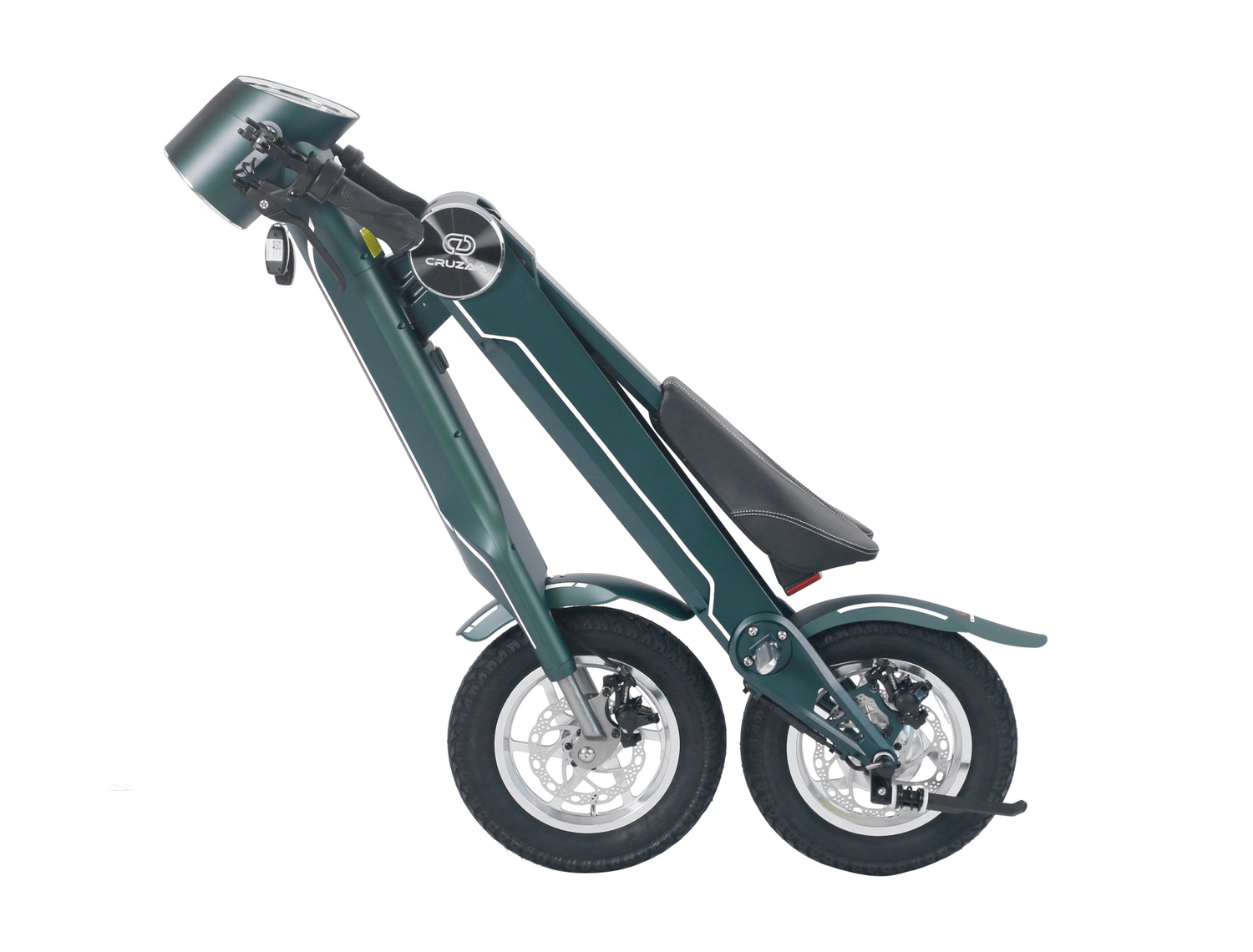 Start2Finish Cruzaa electric scooter in Magno Green with built-in Bluetooth speakers, USB port, 45km range, and 35km/h top speed.
