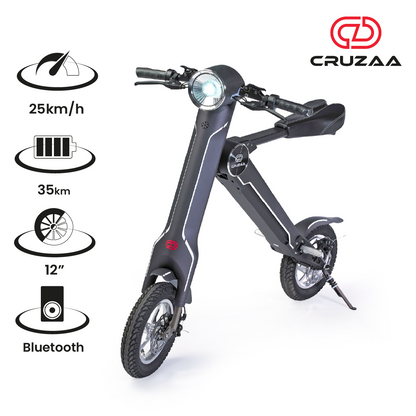 Start2Finish Cruzaa electric scooter with built-in Bluetooth speakers, USB port, sleek design, and a 35km range with 25km/h top speed.