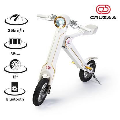 Cruzaa PRO electric scooter in racing white with Bluetooth speakers, USB port, 25km/h top speed, and 35km range.