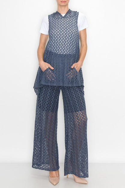 Yellow Hera denim blue sleeveless hooded top and wide-leg pants set, casual clothing for women, stylish and comfortable.
