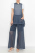 Yellow Hera denim blue sleeveless hooded top with wide-leg pants set, casual clothing ensemble, front view on model.