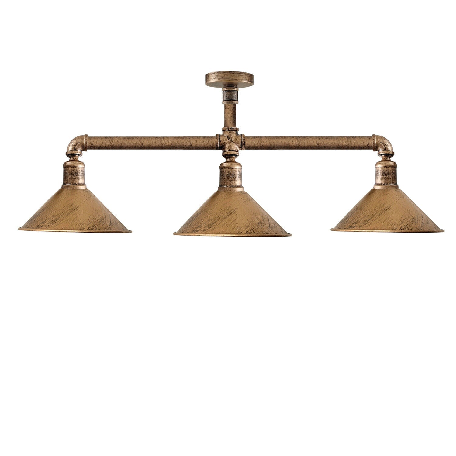 Industrial steampunk 3-light pipe ceiling fixture with E27 bulbs by Sangria Angel, showcasing vintage metal pipes and exposed bulbs.
