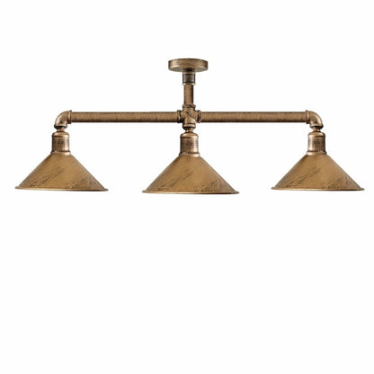 Industrial Steampunk 3-light pipe ceiling fixture by Sangria Angel with vintage E27 bulbs, featuring black metal pipes and exposed bulbs.
