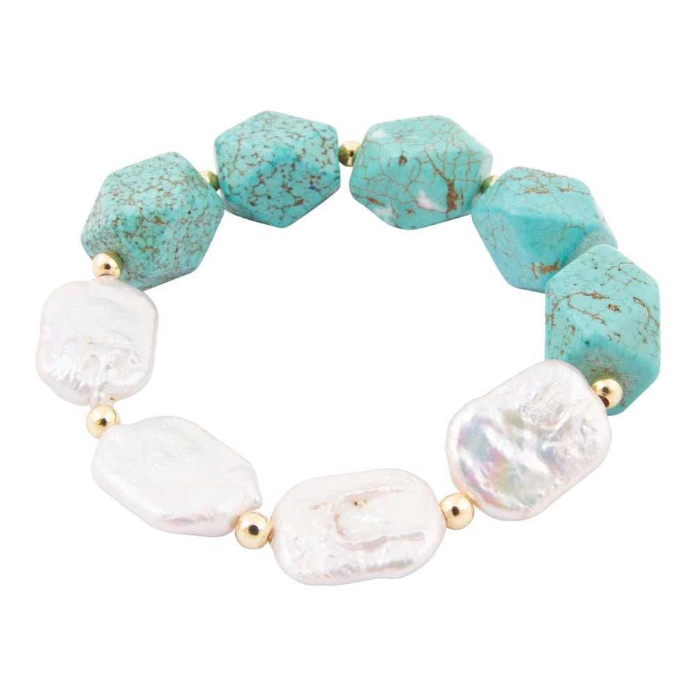 Start2Finish Hepburn blue magnesite and pearl chunky stretch bracelet with gold accents, jewelry accessory featuring vibrant blue stones and pearls.