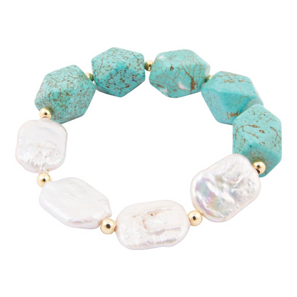 Start2Finish Hepburn blue magnesite and pearl chunky stretch bracelet with gold accents, jewelry accessory featuring vibrant blue stones and pearls.
