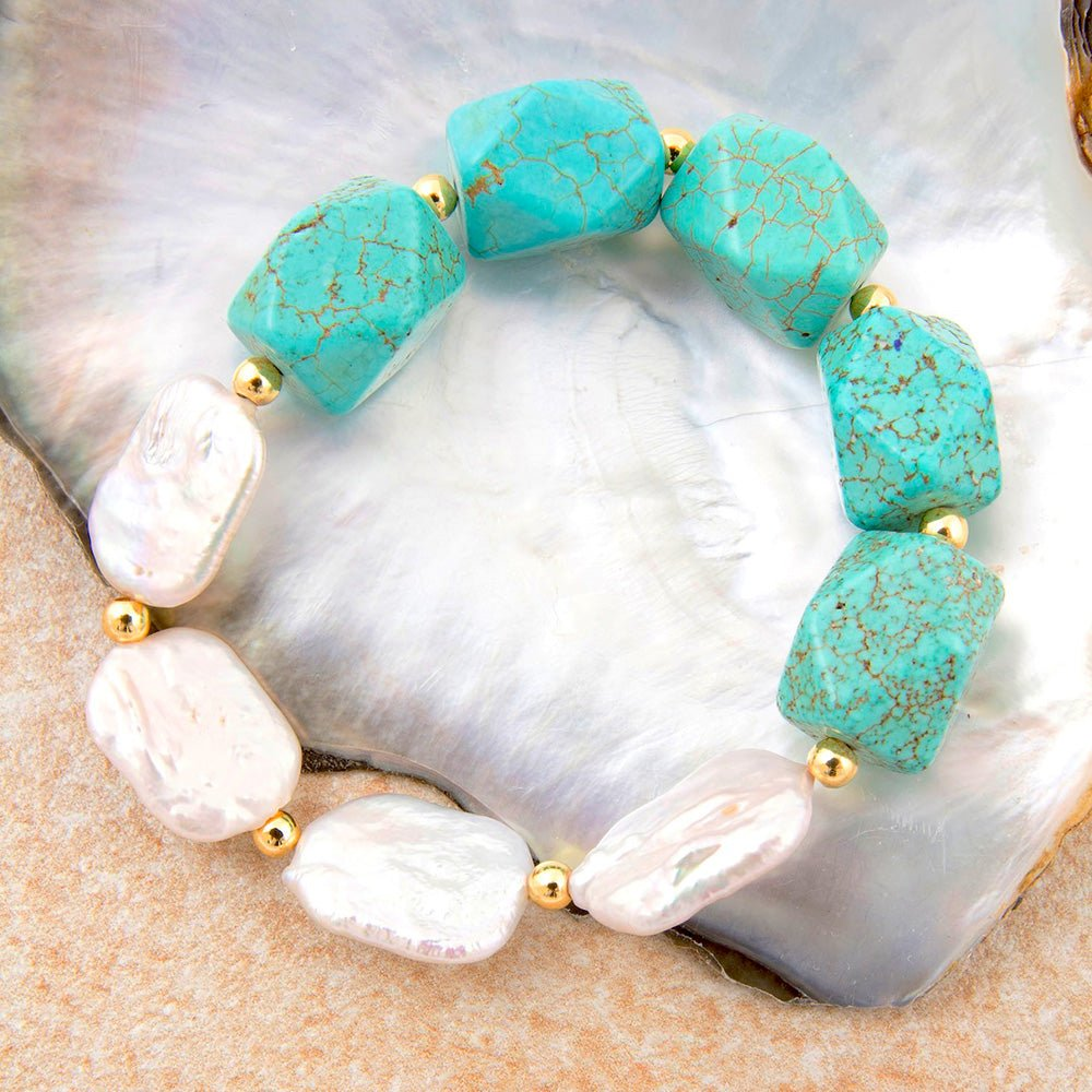 Start2Finish Hepburn Blue Magnesite and Pearl chunky stretch bracelet with gold accents, featuring blue magnesite beads and pearl details.