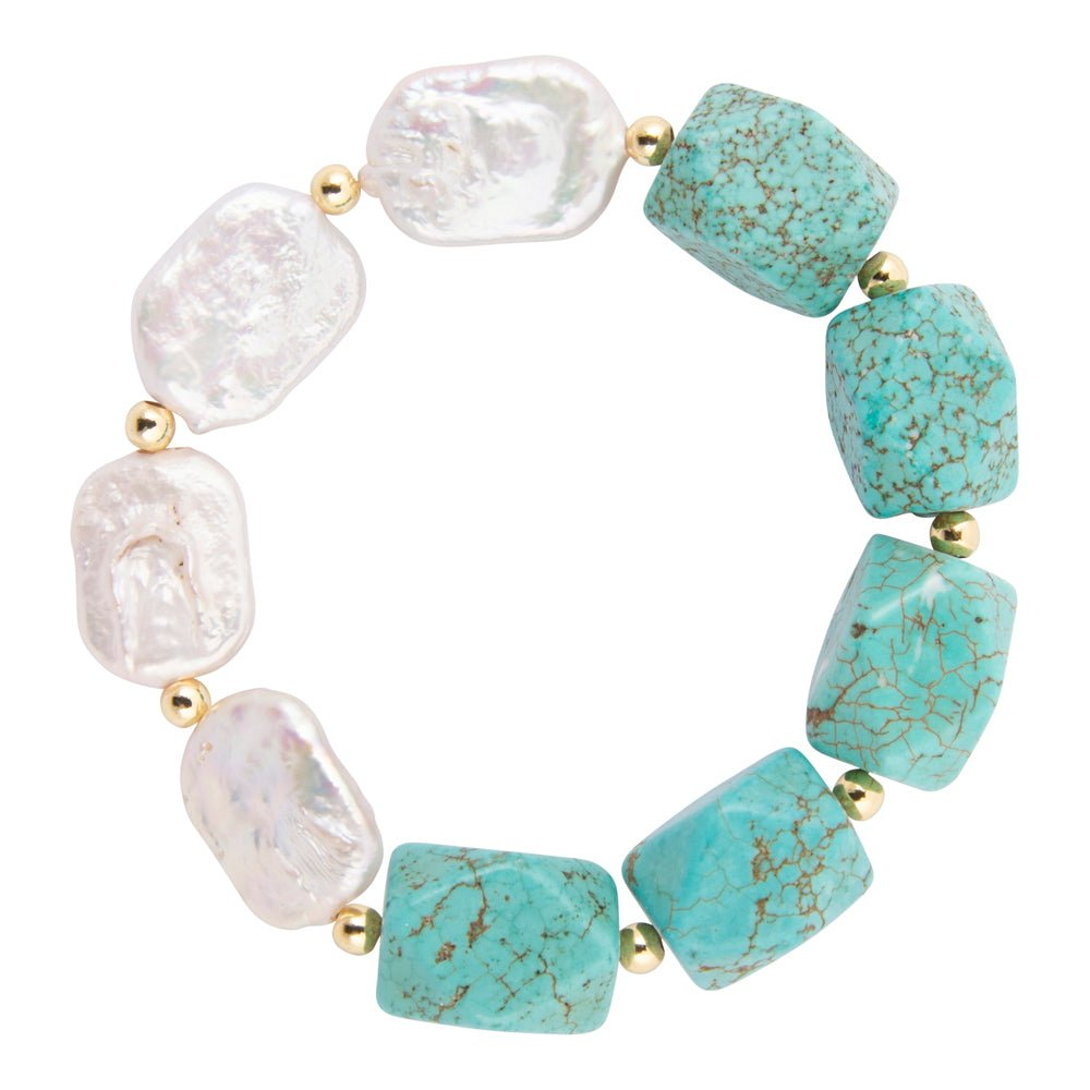 Hepburn Blue Magnesite and Pearl chunky stretch bracelet by Start2Finish, featuring blue magnesite beads and white pearls on a gold-tone stretch band.