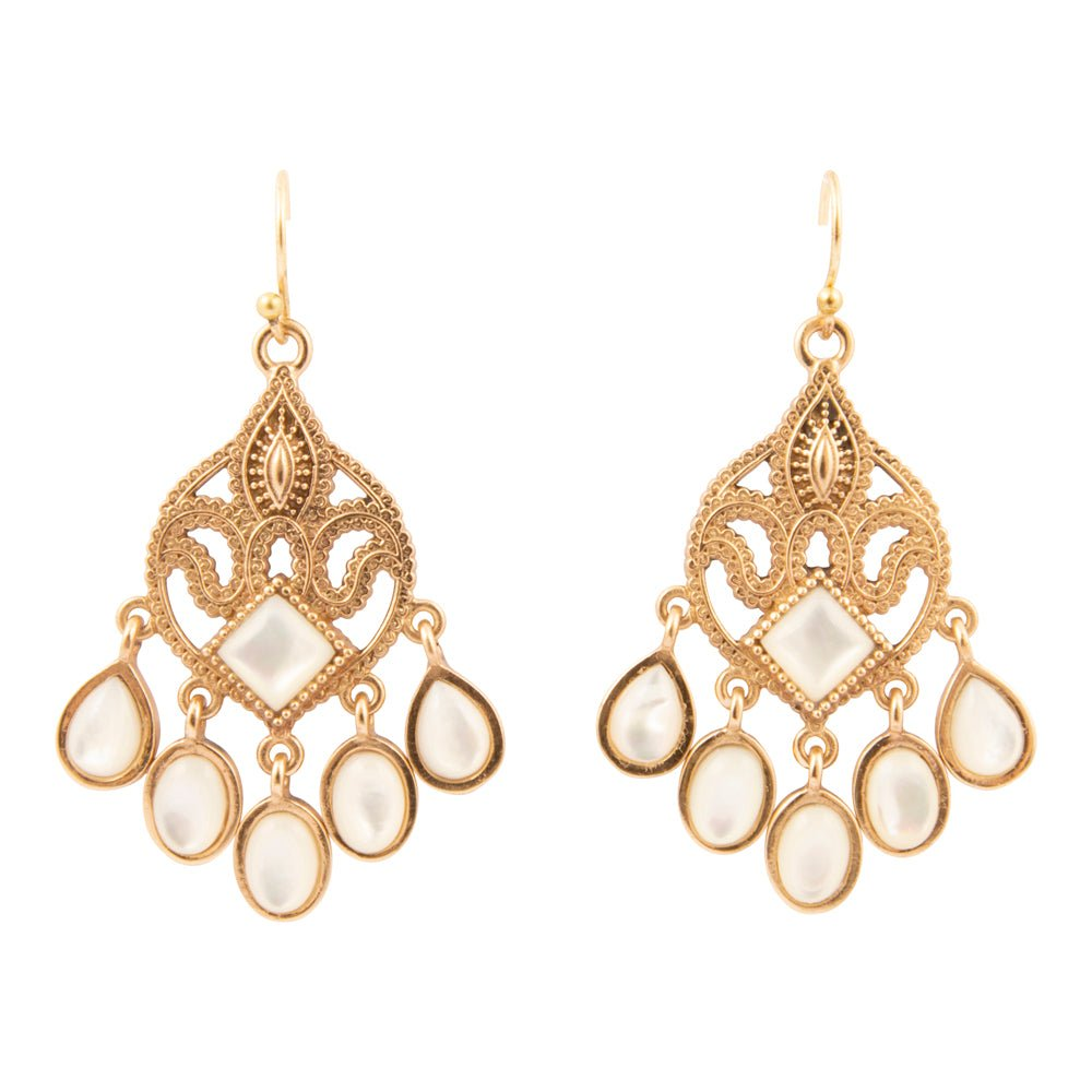 Luscious white mother of pearl golden chandelier earrings with intricate jewelry design and hanging pearl accents.