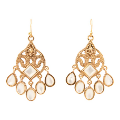 Luscious white mother of pearl golden chandelier earrings with intricate jewelry design and hanging pearl accents.