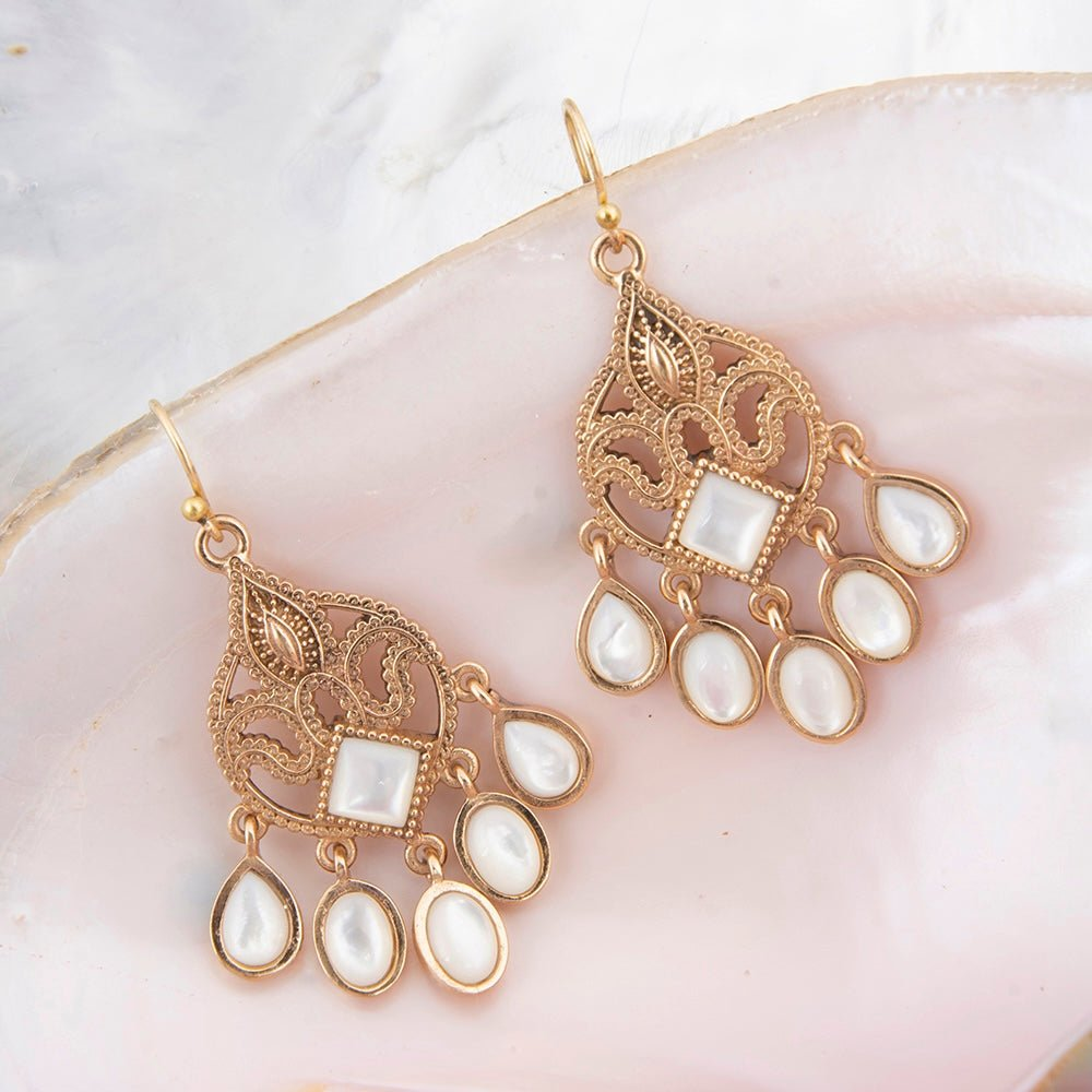 Luscious white mother of pearl golden chandelier earrings with intricate jewelry design, featuring dangling pearl accents.