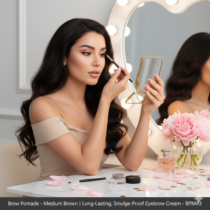Medium brown brow pomade by Start2Finish, long-lasting and smudge-proof eyebrow cream in a sleek container.