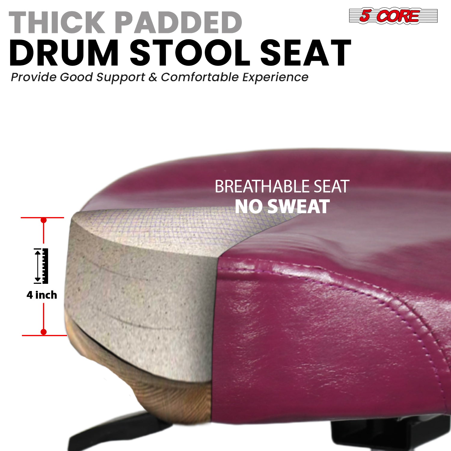 Start2Finish 5 Core Drum Throne with padded seat, backrest, and airlift adjustment for ergonomic comfort during drumming sessions.